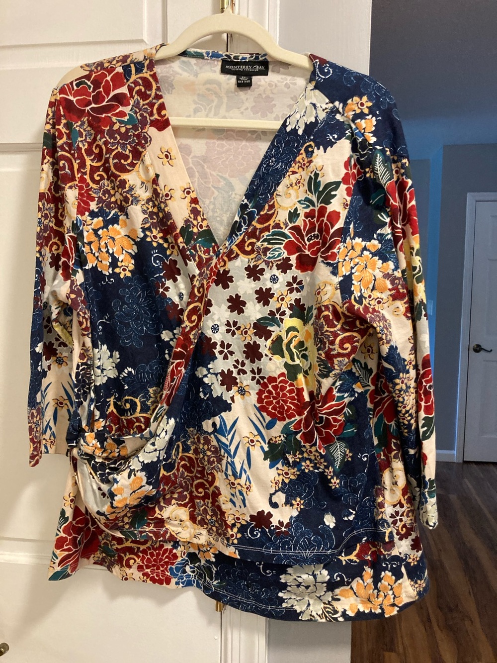 Monterey Bay Red Navy Cream Floral Faux-Wrap Tunic